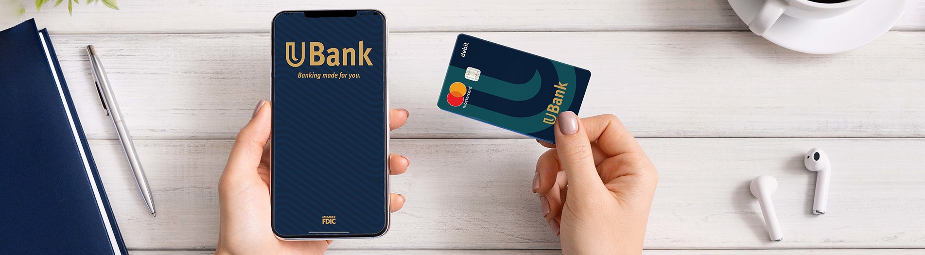 ubank app and debit card flatlay
